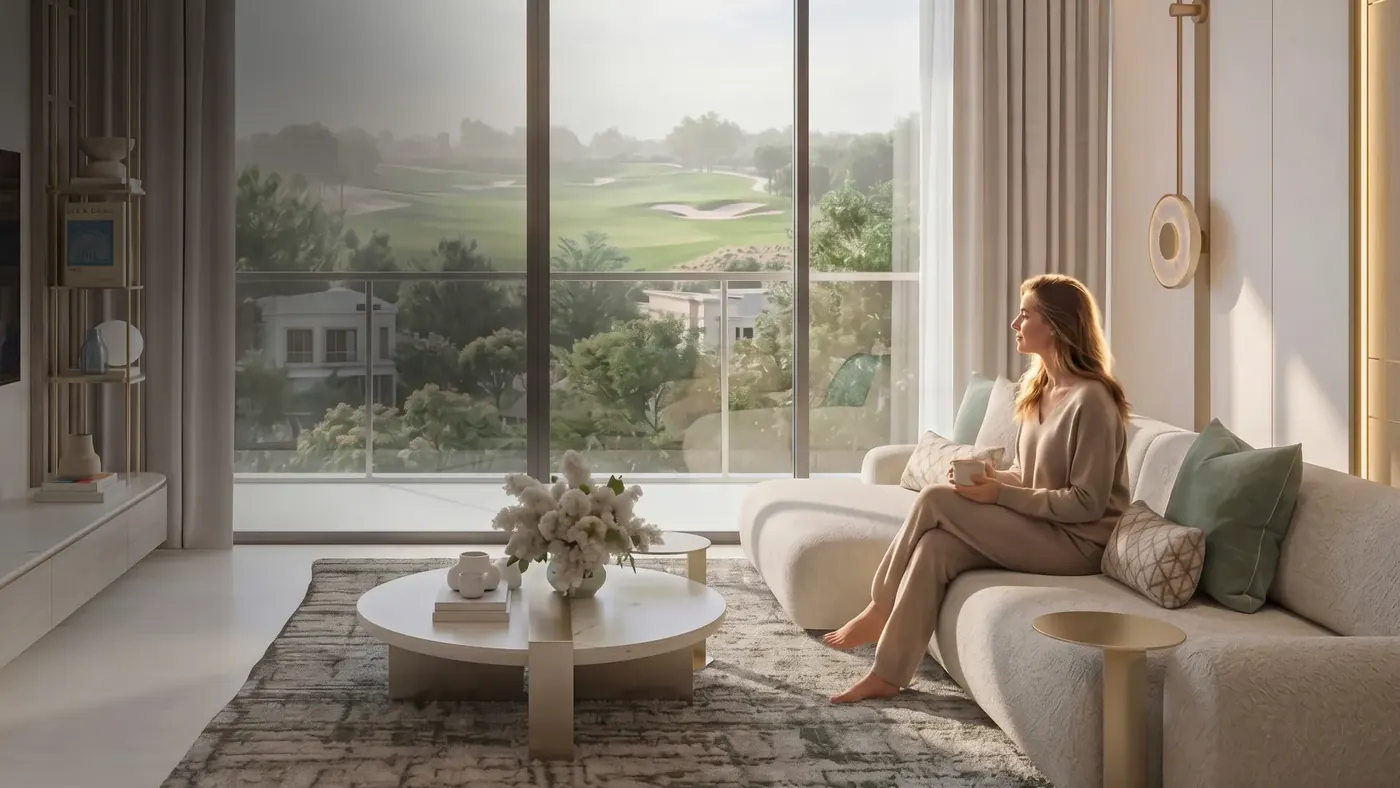 Living room with golf course view