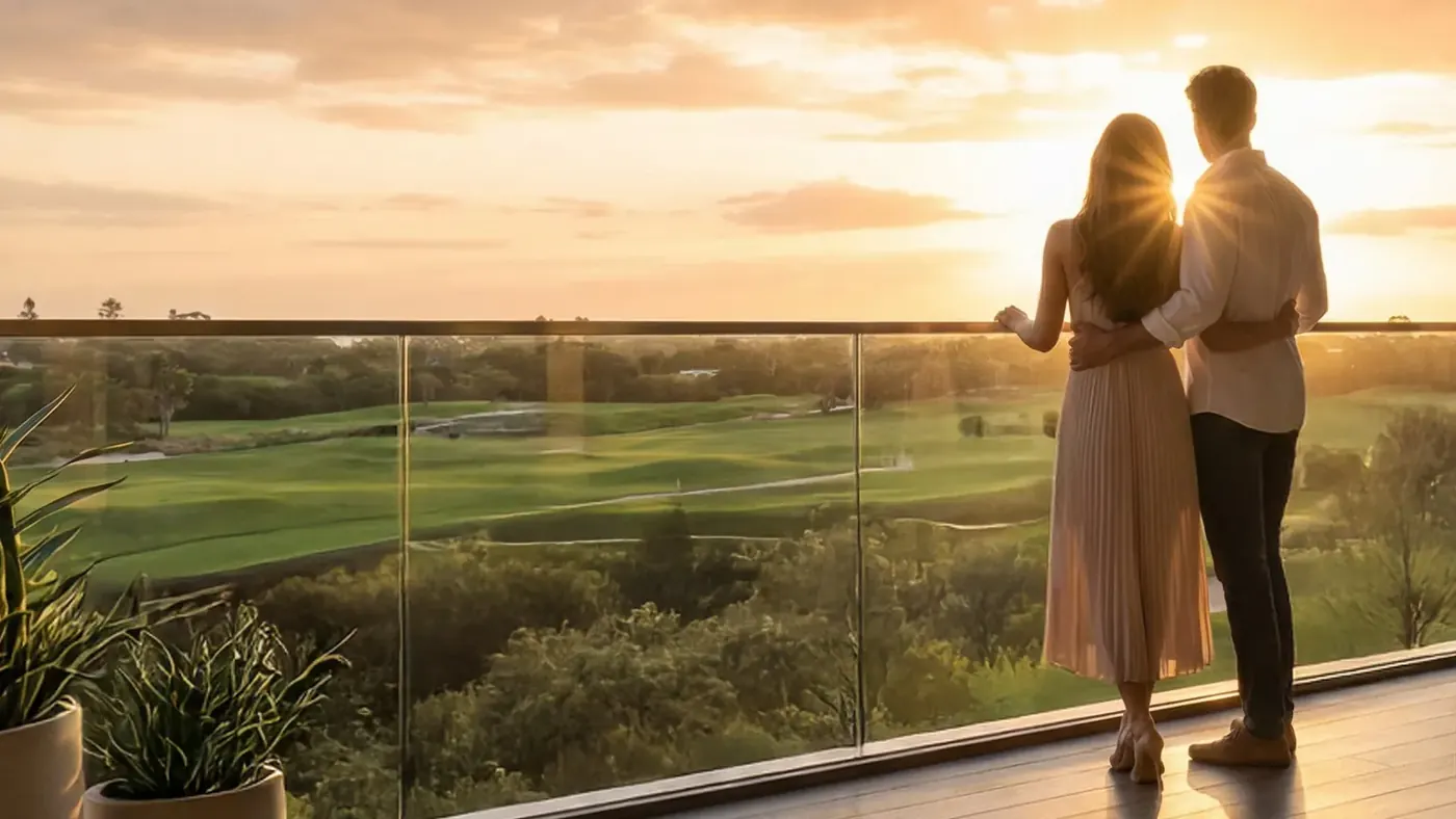 Couple on balcony overlooking the golf course at sunset